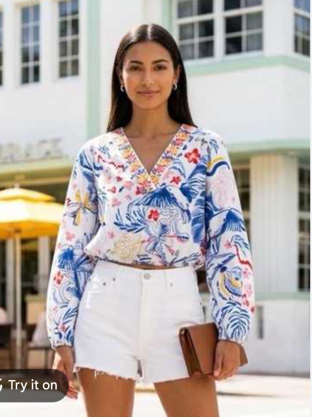 Rachel Zoe White Floral V-Neck Long Sleeve Blouse with Blue Accents